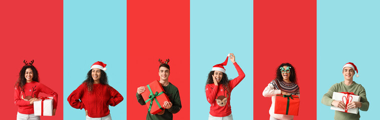 Collage of young woman and man in Christmas clothes and with gifts on red and blue backgrounds