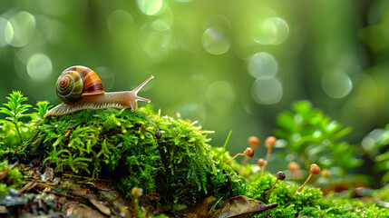Snail with a brown shell on bright green moss snail on the grass.  delicate creature, wildlife, ecological balance, organic beauty,