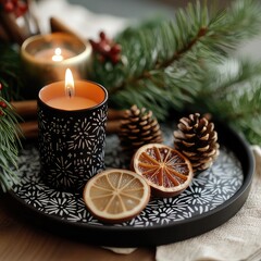 Christmas still life with candles, citrus fruits, fir branches
and cones
