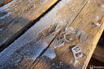 A close-up of frosted wooden planks