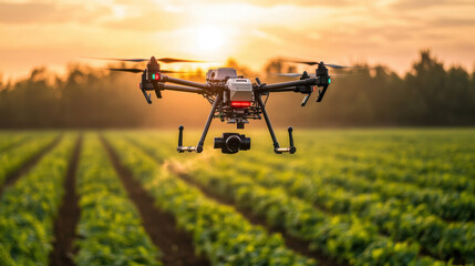 Agricultural drone flying over a crop field at sunset, used for monitoring and spraying, with advanced technology for precision farming