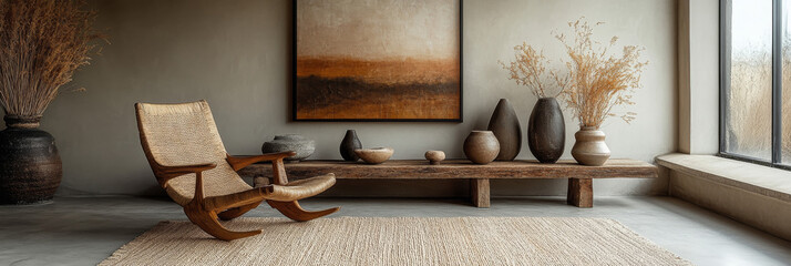 A rocking chair with a woven seat sits in a minimalist living room with a wood shelf, vases, and a large painting.