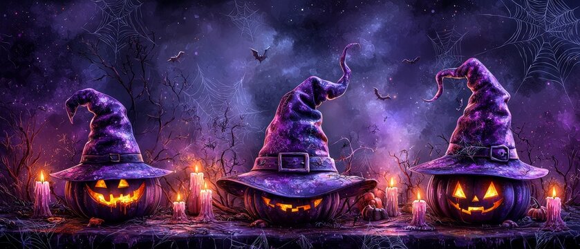 Crafting a Spooky Witch Hat - DIY Halloween Decoration with Glowing Candles and Cobwebs on Table, 3D Illustration - Plenty of Text Space