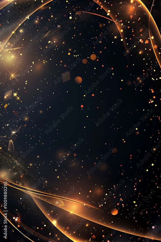 Aufkleber an elegant black abstract background adorned with intricate golden lines, creating a striking contra