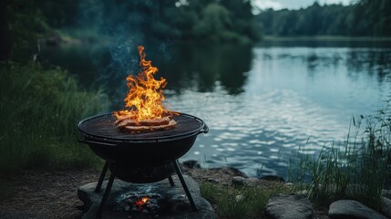 black grill with fire isolated on lake background, camping weekends in nature, summer leisure time, relax and eat