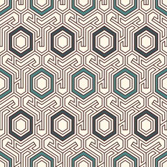 Honeycomb seamless pattern. Hexagon mosaic tiles ornament. Ethnic surface print. Repeated geometric figures background. Ornamental wallpaper. Modern geo design digital paper.