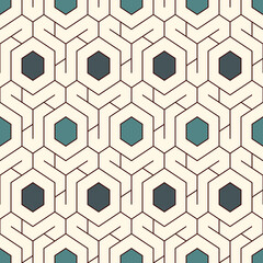 Honeycomb seamless pattern. Hexagon mosaic tiles ornament. Ethnic surface print. Repeated geometric figures background. Ornamental wallpaper. Modern geo design digital paper. Vector abstract work.