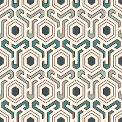 Honeycomb seamless pattern. Hexagon mosaic tiles ornament. Ethnic surface print. Repeated geometric figures background. Ornamental wallpaper. Modern geo design digital paper.