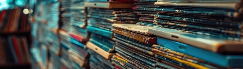 Vintage vinyl records in a cozy shop, nostalgic and inviting, Urban, Soft tones, Photograph, Musical heritage