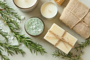 Close-up of small handmade products including candles, skincare items, and decorative elements like rosemary sprigs on a light surface