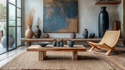 Rustic living room with a woven chair and wooden coffee table.
