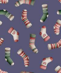Charming Watercolor Christmas Seamless Pattern Featuring Cozy Stockings, Festive Ribbons, and Cheerful Berries for Delightful Holiday Packaging and Print Designs,socks