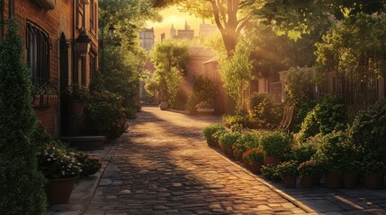 Cobblestone Street at Sunset