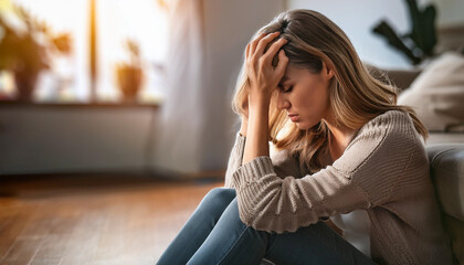 Obraz premium Sad thoughtful teen girl sits on chair feels depressed, offended or lonely, upset young woman suffers from abuse, harassment or heartbreak, grieving lady or violence victim has psychological problem