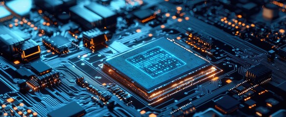 Fototapeta premium Close-up of a glowing blue processor chip on a circuit board.