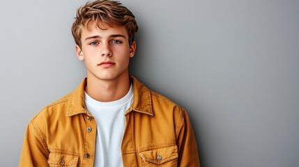 Obraz premium A young man with short brown hair and blue eyes stands against a grey wall, wearing a mustard yellow jacket and a white t-shirt. He looks directly at the camera with a serious expression. 