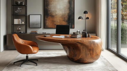 Modern home office with a large, organic wooden desk.