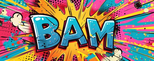 Colorful pop art background with "BAM" inside. Comic book style, Dynamic patterns, Bright vector
