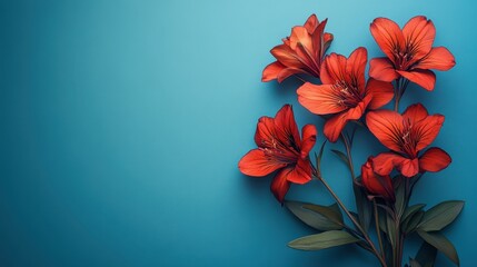 Beautiful Red Flowers on a Blue Background with a copy-space. Trendy Design Background with Elegant Red Blooms
