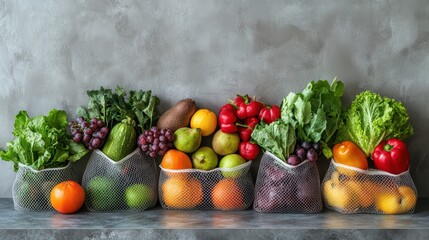 Create a still life composition featuring a variety of fresh produce displayed in reusable mesh produce bags, encouraging waste-free grocery