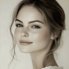 A young woman with long brown hair smiles softly at the camera. Her skin is smooth and her eyes are sparkling. The image is soft and romantic.