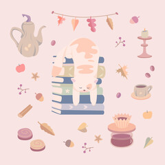 A cute cat on a stack of books, an autumn cozy pastime with hot drinks