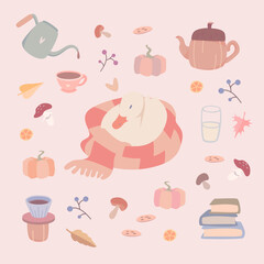 Cute duck with a scarf, autumn comfort with warm drinks