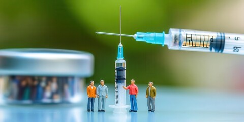 Miniature figures stand near a large syringe and vial, symbolizing vaccination and health.