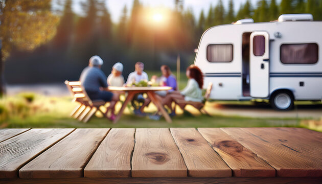 High angle view of a diverse group of young people, family, while enjoying an outdoor picnic at the campsite with a trailer truck, empty table for text space and display products
