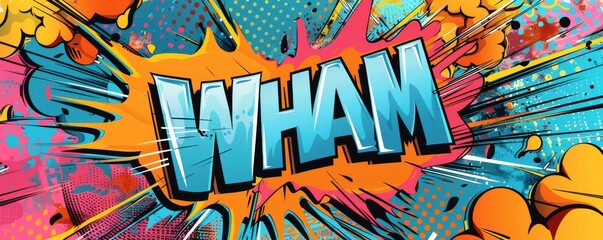 Abstract pop art background with "WHAM" inside. Explosion theme, Dynamic graphics, Vibrant vector