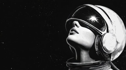 glamorous woman in a retro-style space helmet, vintage aesthetics with a futuristic astronaut theme sketch engraving generative ai raster illustration. Scratch board imitation. Black and white image.