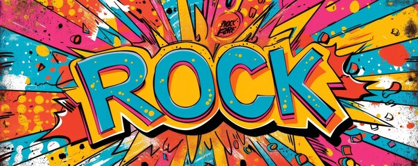 Playful pop art background with "ROCK" text. Bold graphics, Explosion theme, Vibrant vector