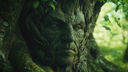 Fototapeta premium Close-up of a Tree Trunk with a Human-like Face Formed by its Bark and Roots