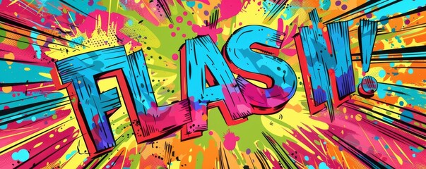 Energetic pop art background with "FLASH" inside. Neon colors, Bold graphics, Bright vector