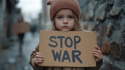 A little girl holding a sign with the word stop war. Kid protesting against war and violence, World peace, No war