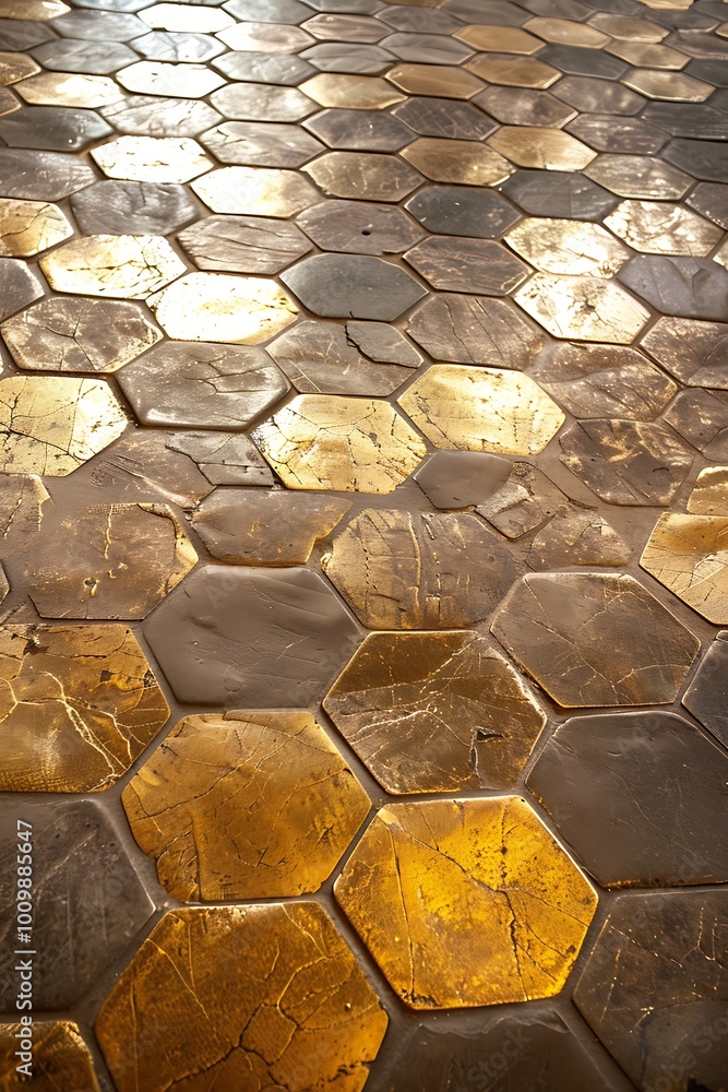 Poster intricate golden abstract backdrop featuring a dynamic pattern of interconnected hexagons, evoking a