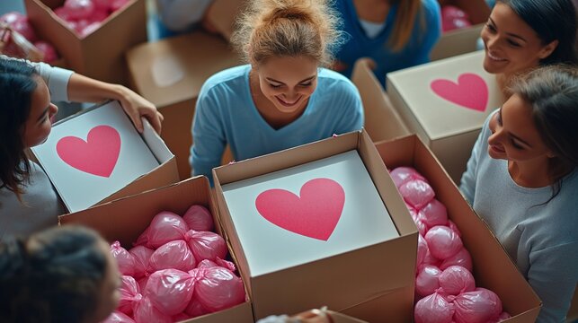 A group of volunteers joyfully sorting through donation items in cardboard boxes decorated with heart symbols