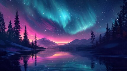 Beautiful Northern Lights aurora of the Nordic nature at night.