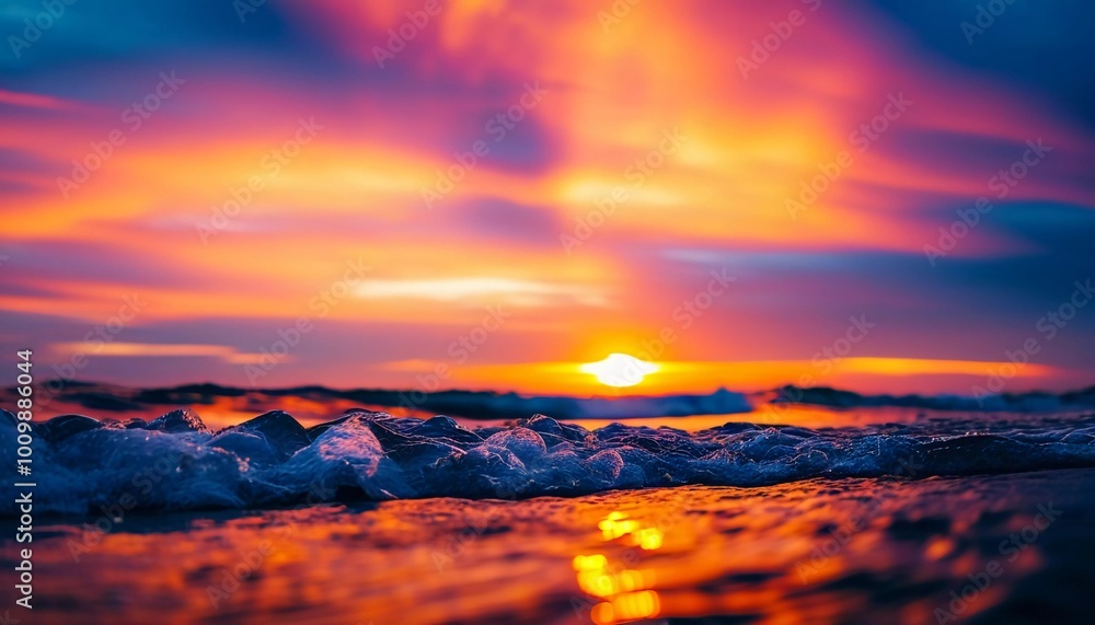 Poster The sun rises over the ocean, casting warm hues across the water. Waves gently roll in, creating bubbles that sparkle in the early light while clouds streak the sky in vibrant colors. Generative AI