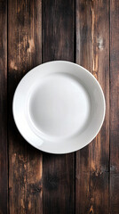 Plenty of space for text on a rustic wooden tabletop with a white dinner plate