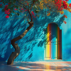 A colored door set in a vibrant blue wall, with a tree full of red flowers extending above, casting delicate shadows on the surface. The scene is lit by warm sunlight, highlighting the vibrant