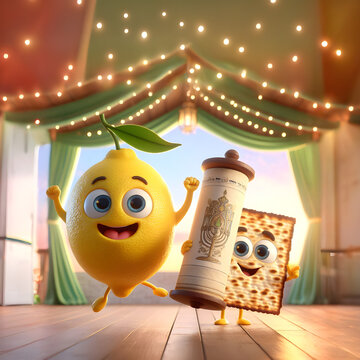 animated etrog celebrating happy sukkot with matzah friend and a sefer Torah inside a sukka. greeting sukkot card