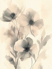 Watercolor floral print, delicate pastel flowers in various shades of white and beige