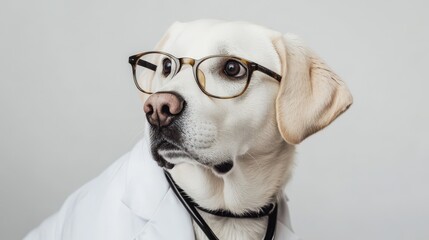 A Labrador retriever is dressed in a lab coat and glasses, resembling a doctor. The dog looks intently to the side, showcasing a playful yet professional appearance