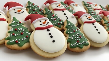 Christmas cookies featuring snowmen, gingerbread men, and Christmas trees