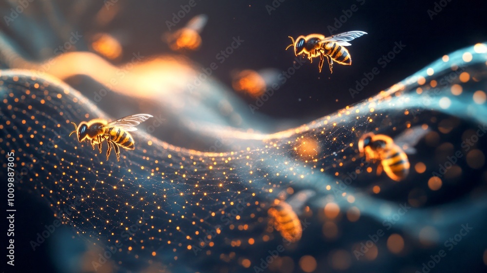 Poster a mesmerizing scene featuring glowing bees in vibrant colors. this digital artwork depicts an abstra