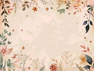 A delicate floral border with pastel-colored flowers, leaves, and branches frames a light beige background. The design includes subtle stars and watercolor splashes, creating an elegant and whimsical 