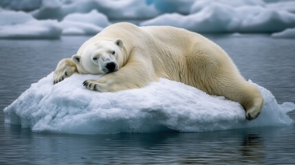 A polar bear relaxes on a small piece of floating ice in the serene arctic waters, basking in the calm atmosphere of its icy habitat