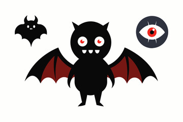 Cartoon flying evil monsters with bat wings and one human eye. Halloween vector elements, isolated scary icons on white background.