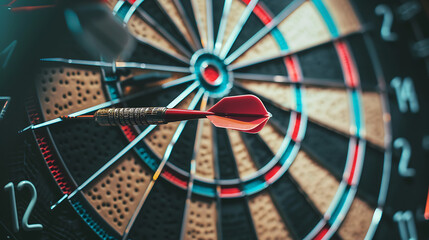 a close-up of a dartboard with a single dart perfectly hitting the bullseye